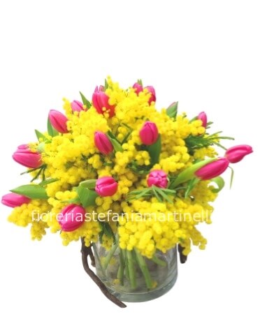 Bouquet di tulipani e mimosa ( i tulipani sono di colore misto)